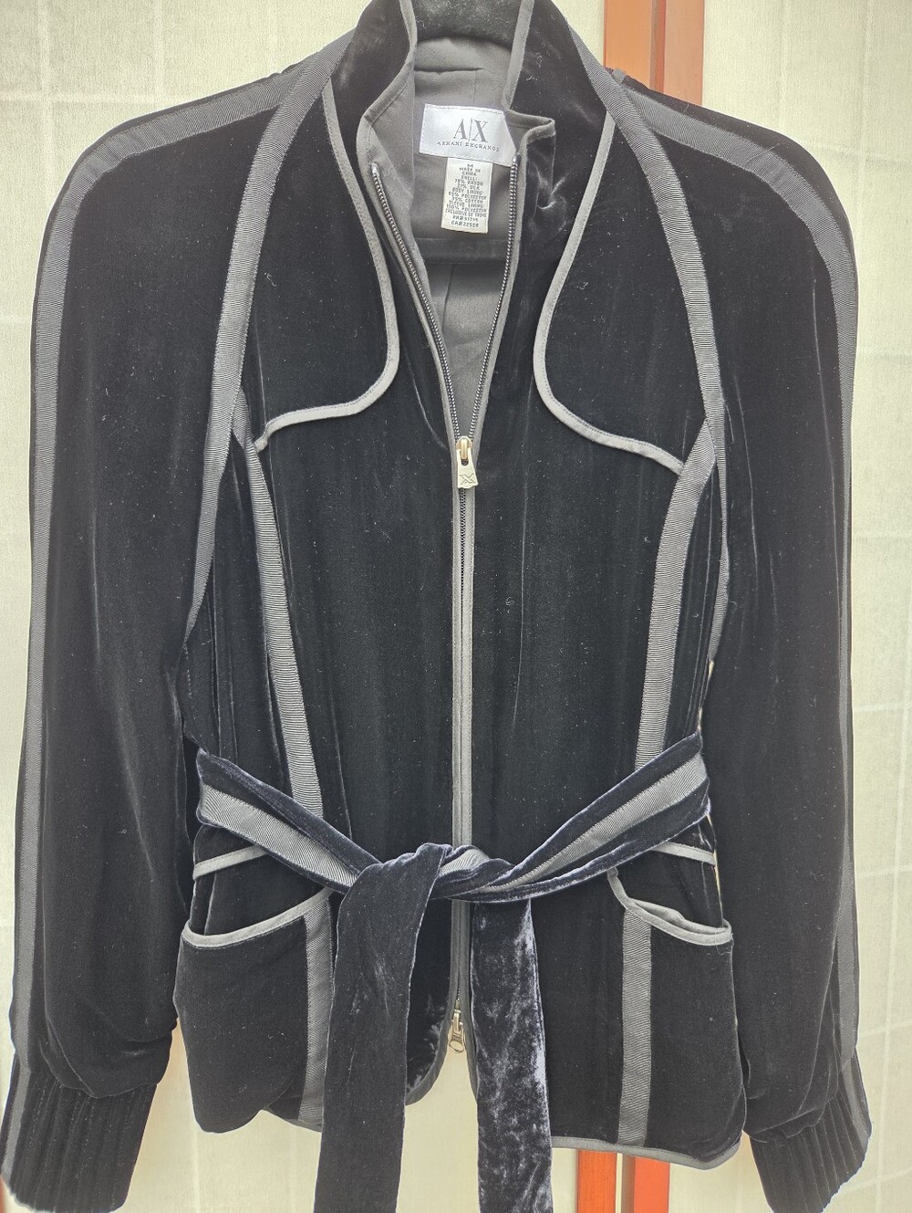 Armani Exchange Black Silk Velvet Trimmed Zip Jacket M Y2K Cyber Goth Moto